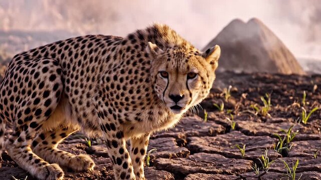 Majestic cheetah standing on dry cracked earth during sunrise