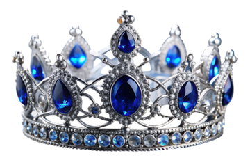 Silver crown with blue gemstones on white background isolated on a transparent background jewelry