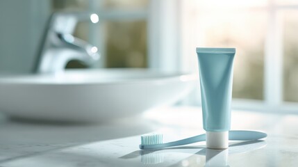 Toothpaste and toothbrush on a clean bathroom counter in soft morning light