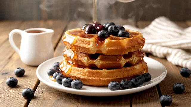 A delicious stack of golden waffles topped with fresh blueberries, drizzled with syrup, served on a white plate, with a cup of coffee and a striped napkin in the background