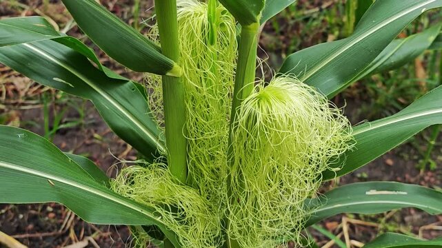 Corn pods that are gaining maturity in garden.