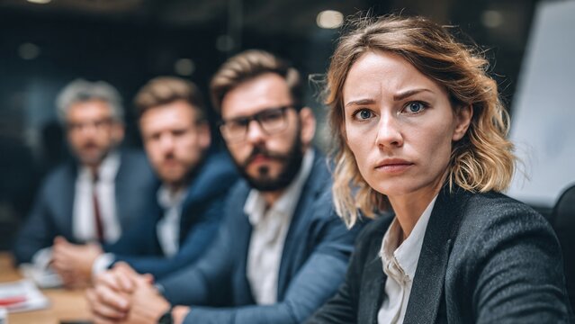 Corporate team in meeting room listening to manager delivering bad news with serious expressions, concept of downsizing announcement, job insecurity and organizational restructuring, realistic office 