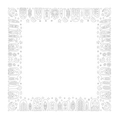 Islamic Illustration Frame: A decorative Islamic-inspired frame showcases elegant symbols such as crescent moons, stars.