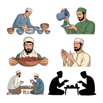 Preparing the Feast: A collection of illustrations depicting various stages of preparation for a meal, showcasing a person performing ablution, selecting dates, and sharing food.