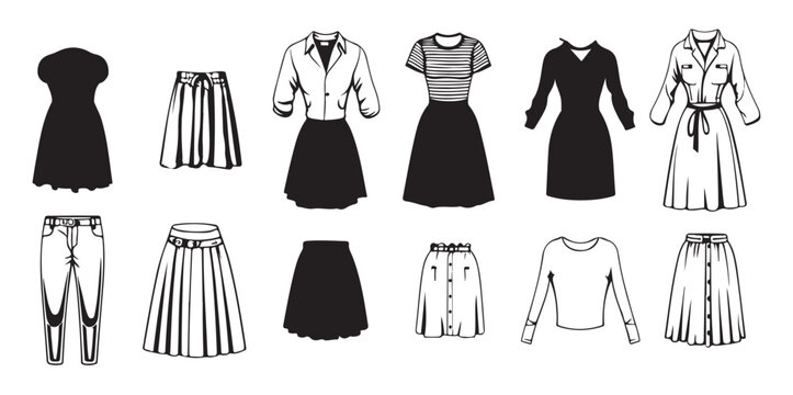 women clothing set sketch hand drawn in doodle style