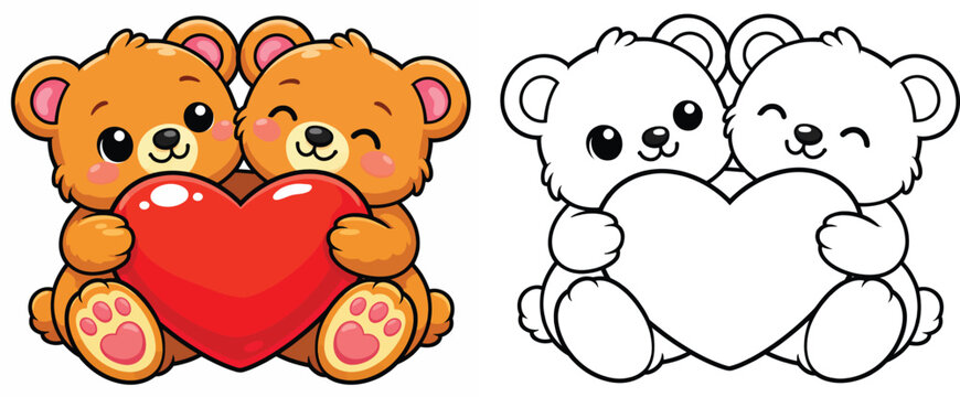 Two cute cartoon teddy bears hugging a big red heart with black and white outline version for coloring book vector illustration