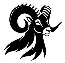 a black and white vector illustration depicts the head and neck of a ram, likely a bighorn