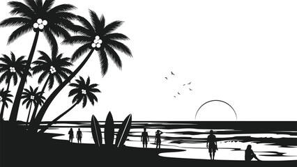 a serene beach scene at sunset with palm trees and people silhouette high quality professional detailed