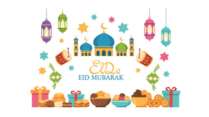 Fototapeta premium Vibrant Eid Mubarak celebration with mosque, lanterns, gifts, and traditional sweets