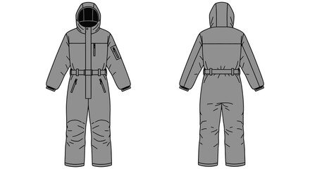 technical drawing of a gray jumpsuit with hood and belt silhouette high quality professional detailed modern
