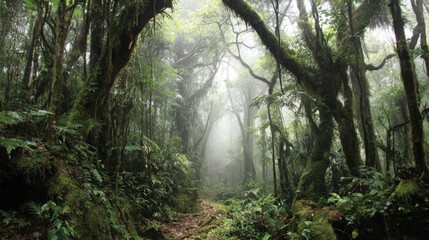 Misty rainforest path winding through lush ancient trees covered in vibrant green moss and ferns