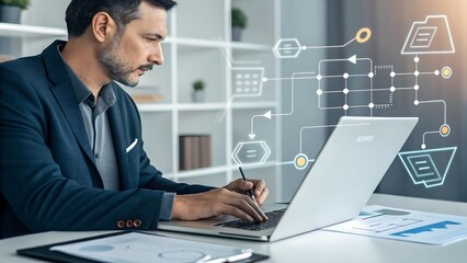 Businessman working on laptop with digital flowchart, analyzing data in office