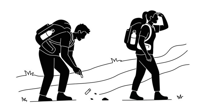 Two Hikers with Backpacks Walking Outdoors.