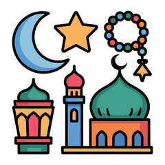 Islamic Symbols: A vibrant array of iconic Islamic symbols, including a crescent moon, star, prayer beads, mosque and lantern, representing the rich tapestry of Islamic faith and tradition.