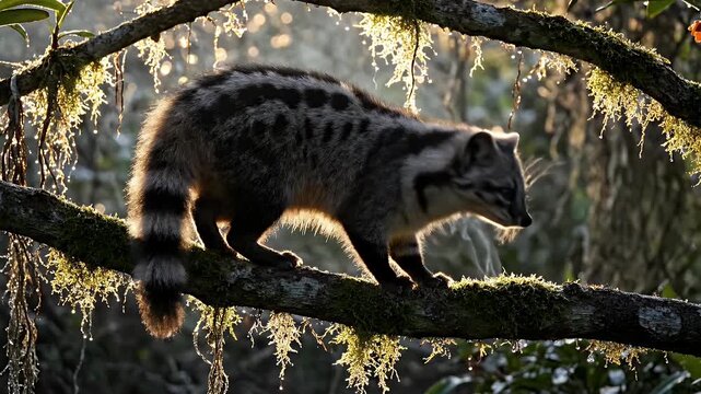 Dramatic Backlit Genet Walks on Mossy Tree Branch