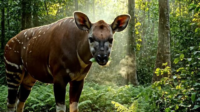 Rare Okapi feeding in lush jungle forest sunbeams