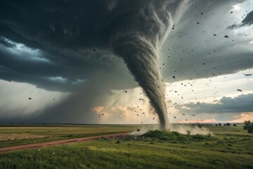 A powerful and destructive tornado twister forming a dense funnel cloud over a grassy field with debris being tossed around by immense forces of nature