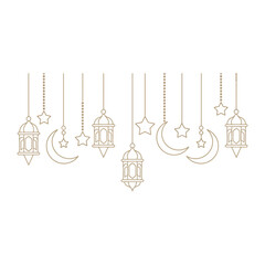 Fototapeta premium Lunar Lanterns: Delicate lanterns and crescent moons, adorned with stars, hanging elegantly, casting a warm, inviting glow for any celebration or event. 