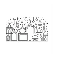 Fototapeta premium Islamic Architecture Silhouette: Capturing the essence of Islamic architecture, a detailed line drawing showcases the beauty of mosques, minarets, and iconic crescent moons, stars, and lanterns.