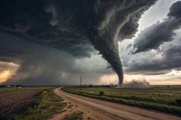 Immense dark tornado funnel cloud forming over rural landscape with dirt road and dramatic stormy skies