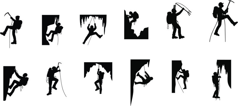 Mountaineering and rock climbing silhouette set with climbers rappelling ice climbing adventure outdoor extreme sport vector illustration - Powered by Adobe