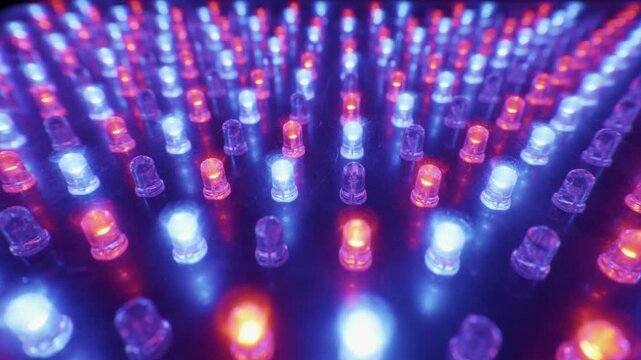 Macro of an RGB LED light panel with diodes flashing red, green, and blue. Concept of digital display technology, data transmission, and vibrant abstract backgrounds.
