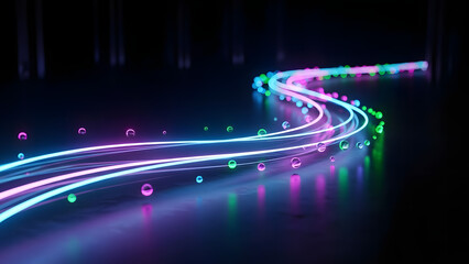 Abstract visualization of rapid data flow and intricate network connections, depicted by glowing neon lines and luminous particles moving through a dark, high-tech space