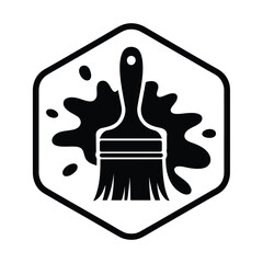 Obraz premium Black and white illustration of paintbrush with paint splatters in hexagon shape icon