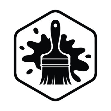 Black and white illustration of paintbrush with paint splatters in hexagon shape icon
