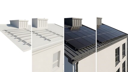 Solar panels installation on a building roof with chimneys.