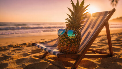Pineapple sunglasses summer beach chair holiday sunset sand tropical vacation fun mood