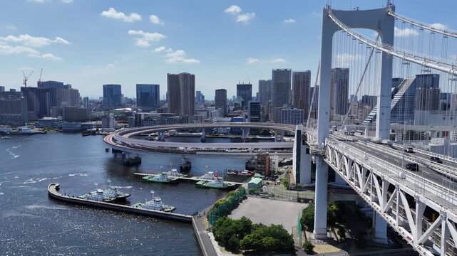 Rainbow Bridge and loop interchange over Tokyo Bay with city skyline and port infrastructure