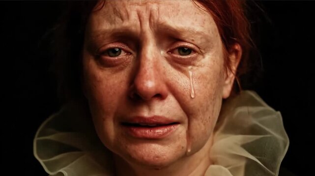 Emotional close-up portrait of sad freckled red-haired woman with tear on her cheek, dramatic low-key lighting expressing grief, vulnerability, mental health and human emotion concept, generative AI