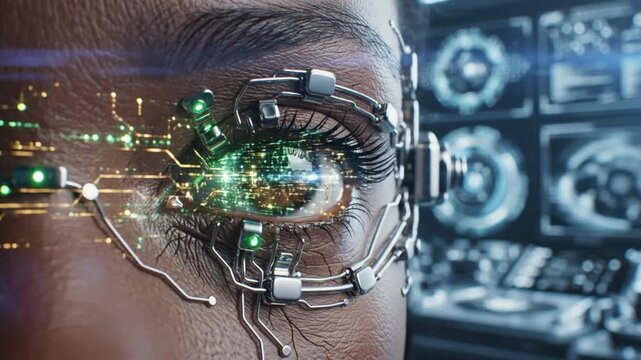 Futuristic cyborg eye with technological enhancements illuminating information and a high-tech computer interface.