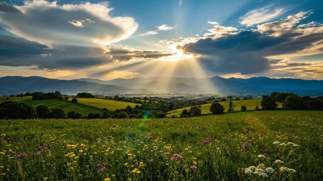 Breathtaking landscape with golden sunlight illuminating the green fields, meadows, and mountains on a bright day