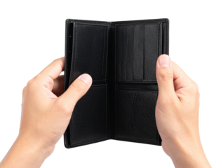 Firefly_Elegant Black Leather Mens Dress Shoes Polished Formal Style man lace dark wear foot - Firefly_Hand holding an open black leather wallet isolated on transparent background  (2)