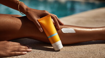 Applying sunscreen by the pool