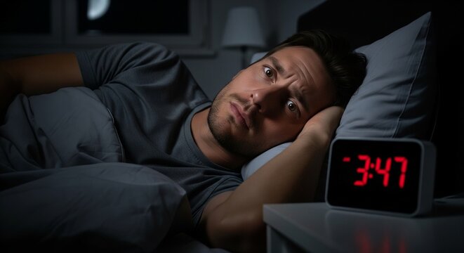 Man lying awake in bed at night looking at a digital alarm clock showing 3 47 AM