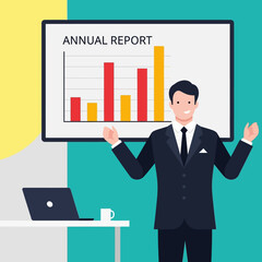 Professional businessman enthusiastically presents a colorful bar graph detailing positive annual report performance metrics during a corporate review session.