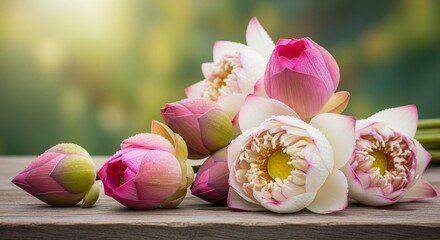 Pink and white lotus flowers with water droplets on a wooden surface soft bokeh background