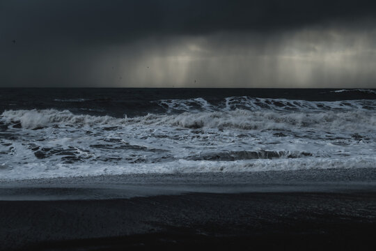 View of crashing waves and dark sand under a stormy sky with streaks of rain falling over the ocean's horizon, Vik, Iceland.
