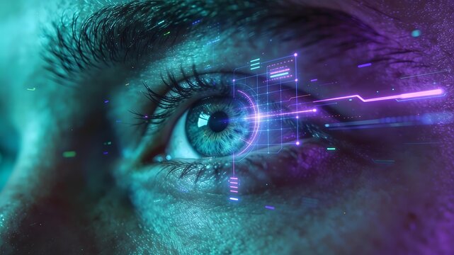 A captivating close-up of a human eye with intricate digital data points and glowing lines, representing advanced biometric scanning technology. - Powered by Adobe