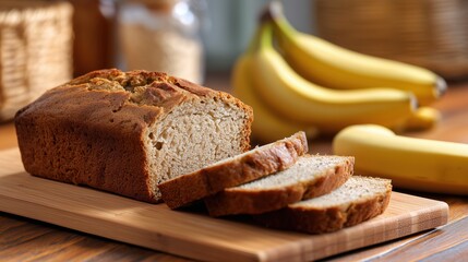 Sliced banana bread with ripe bananas shown in close food scene highlighting homemade baking simple ingredients comforting dessert and warm everyday food lifestyle