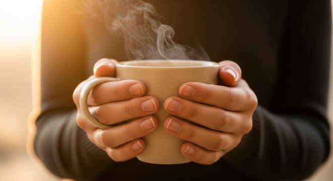 Close up of hands holding a steaming mug of hot beverage in warm light