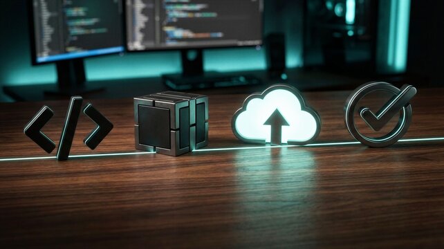 Software development and cloud computing deployment icons on desk