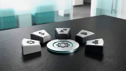 3D business strategy icons on office desk
