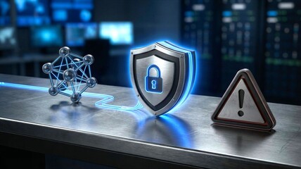 Cyber security concept with shield and padlock in data center