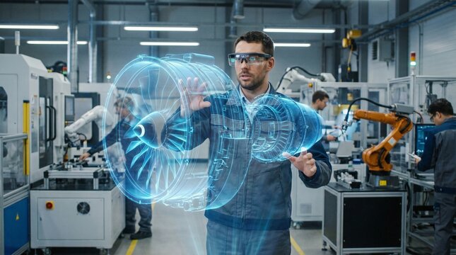 Engineer uses augmented reality glasses to interact with holographic jet engine model in factory
