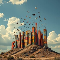 A square conceptual scene where letters rise upward like birds into the sky representing freedom of