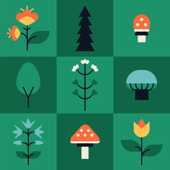 Plants and mushrooms - flat design style illustration